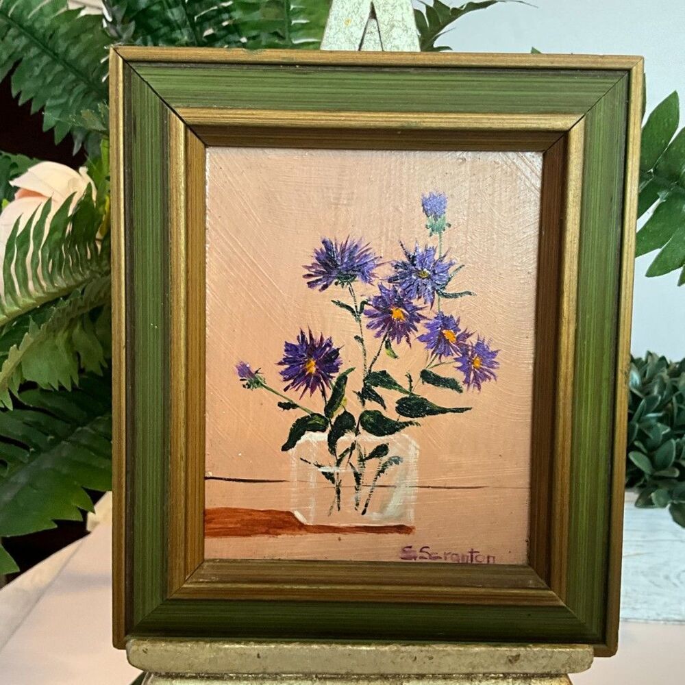 Vintage Original Oil Painting Purple Asters Floral  Signed S. Scranton Framed